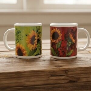 Cracker Barrel Yellow Sunflower Coffee Cups, Set of 2, Family Traditions Mugs